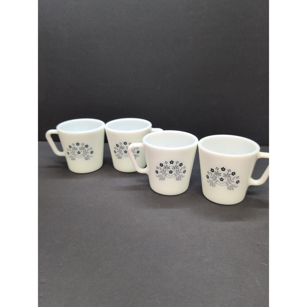 Pyrex Summer Impressions Blue Flower Coffee Cup White Milk Glass Set of 4